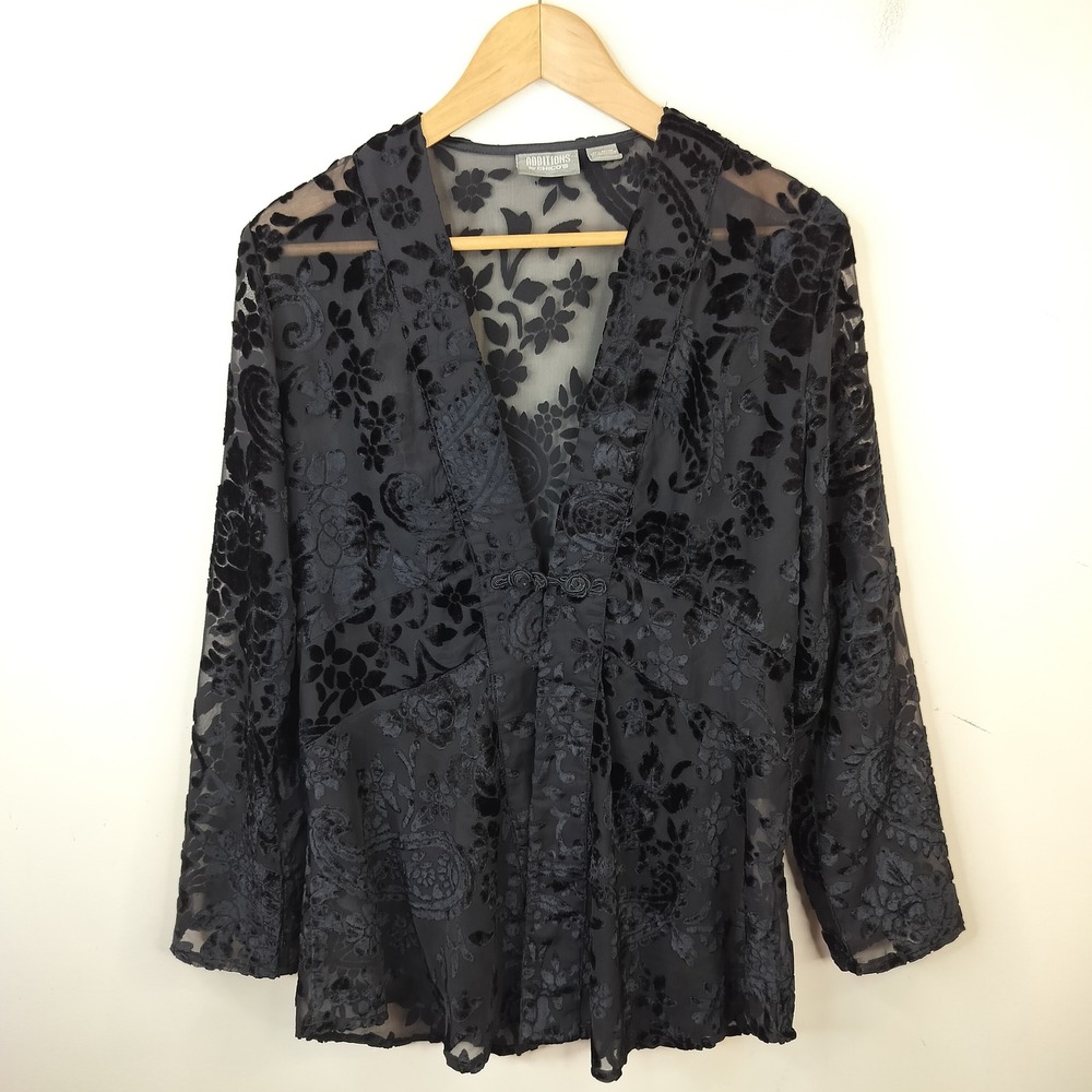 Chico's Velvet Burnout Floral Top Blouse Sheer Black Knot Button Gothic Goth